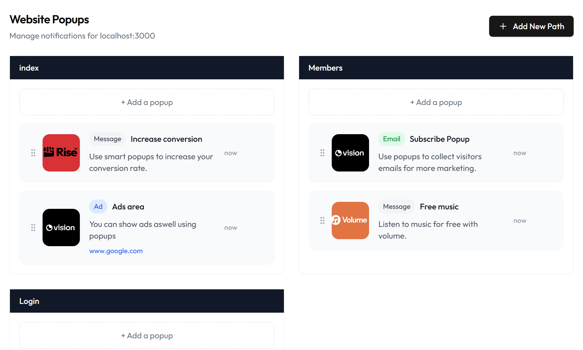 Popup Manager Interface